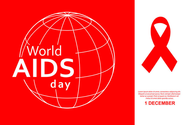 World AIDS day poster vector illustration abstract globe with a red ribbon (em inglês). Fundo vermelho
 - Vetor, Imagem