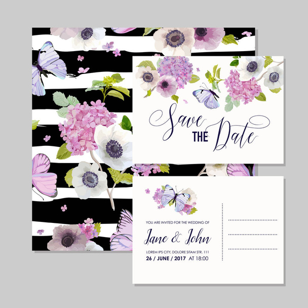 Wedding Invitation Template Set. Botanical Card with Hydrangea Flowers and Butterflies. Greeting Floral Postcard. Vector illustration - Vector, Image