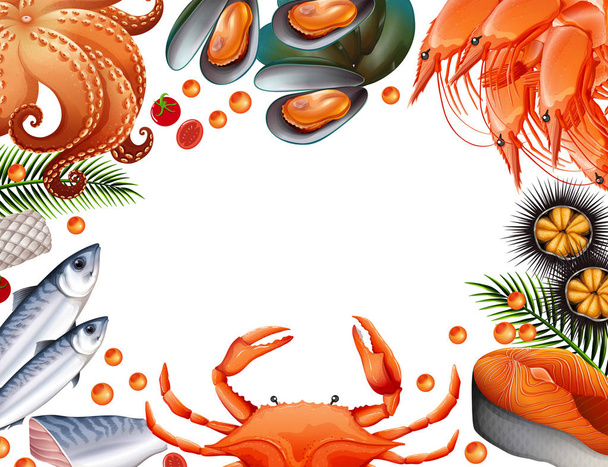 Border template with different kinds of seafood - Vector, Image
