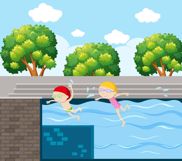 Two kids swimming in pool - Vector, Image