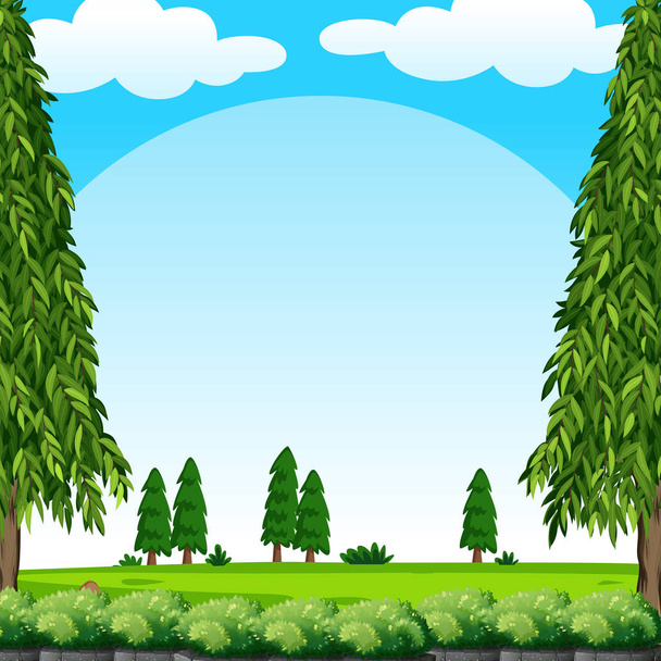Escena con césped verde y pinos
 - Vector, Imagen