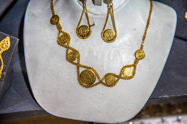 Turkish gold necklaces for sale on a stall in Grand Bazaar,Istanbul,Turkey - Photo, Image