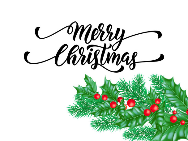 Veselé Vánoce svátek ručně tažené nabídky kaligrafie písma šablony pozadí přání. Vektor vánoční stromeček borovice nebo jedle a holly věnec dekorace na bílý Prémiový design - Vektor, obrázek