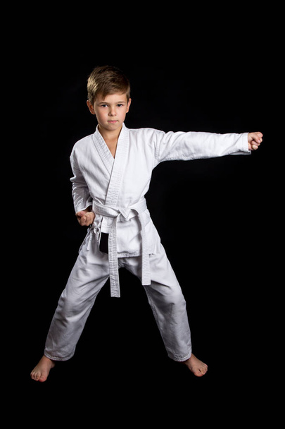Posición frontal lista en karate con el brazo inferior derecho apretado en el puño y el brazo izquierdo golpe recto
 - Foto, imagen