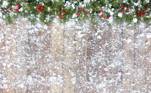 Christmas Border with Snow Covered Fir and Red Berries   - Photo, Image