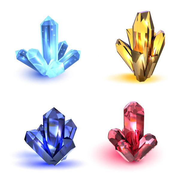 Set van kristallen. Veelkleurige realistische kristallen met hoogtepunten op een witte achtergrond. Vectorillustratie - Vector, afbeelding