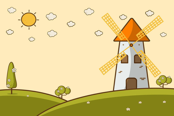 Ilustração de uma paisagem com moinho de vento
 - Vetor, Imagem