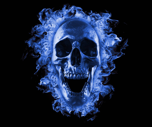 Crânio queimado no fogo isolado papel de parede 3D renderização ilustração
 - Foto, Imagem