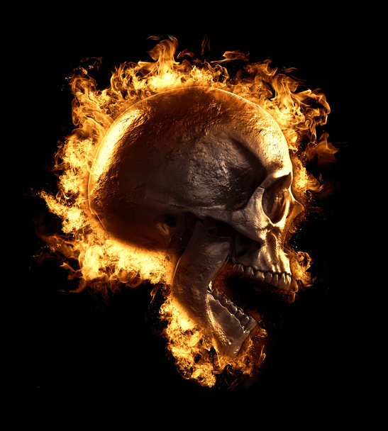 Skull burned in fire isolated wallpaper 3d rendering illustration - Photo, Image