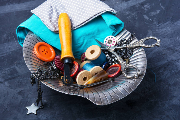 Buttons, scissors and thread - Фото, изображение