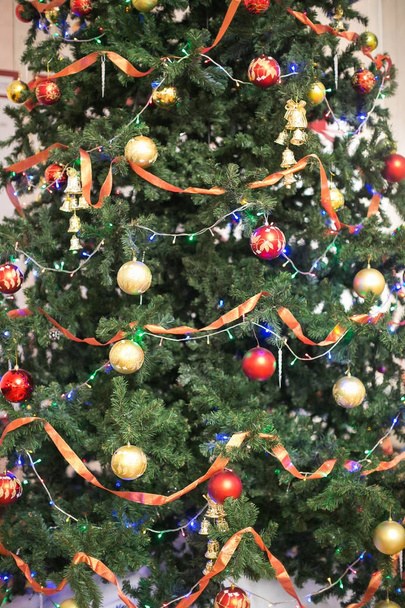 svátky, příroda, oslavující koncept. Smrk připraven na vánoční stromeček a pečlivě vyzdoben nádherné kuličky v různých coloures, světla a červené pásky - Fotografie, Obrázek