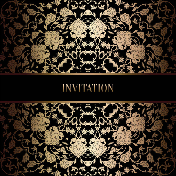 Vintage baroque Wedding Invitation template with damask background. Tradition decoration for wedding. Vector illustration in black and gold - Vettoriali, immagini