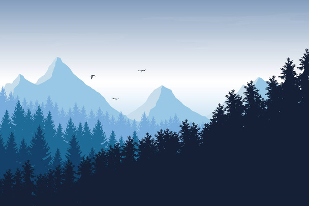 Ilustracja wektorowa krajobraz górski z lasu pod błękitne niebo z chmur i latające ptaki, z miejsca na tekst - Wektor, obraz