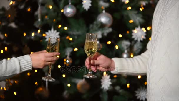 Paar rinkelende glazen met champagne met Kerstmis - Video