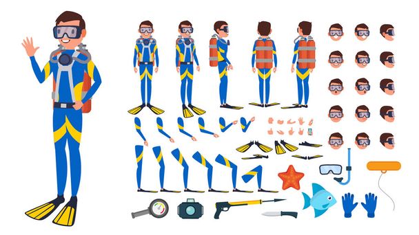 Diver Man Vector. Set di creazione di personaggi animati. Sotto l'acqua. Scuba Diver. Immersioni di snorkeling. Full Length, Fronte, Lato, Vista posteriore, Posizioni, Emozioni facciali, Gesti. Illustrazione del fumetto piatto isolato
 - Vettoriali, immagini
