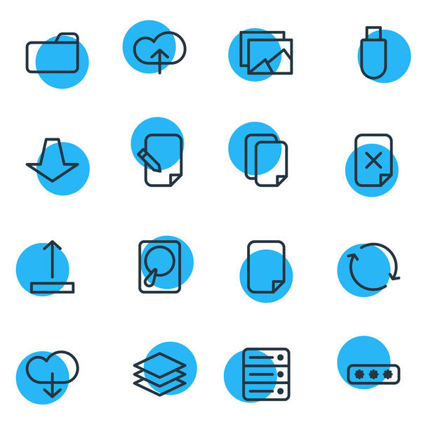 Vector Illustration Of 16 Storage Outline Icons. Editable Set Of Arrow Up, Layer, Upload And Other Elements. - Vektor, kép