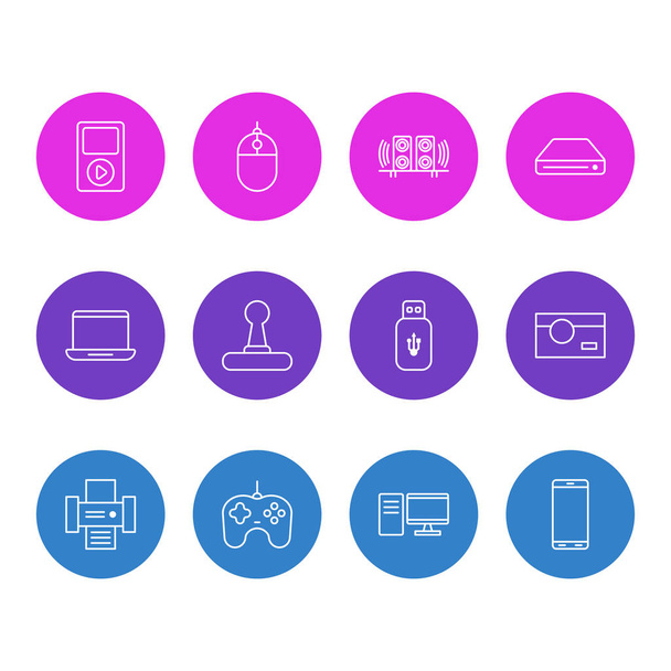 Vector Illustration Of 12 Device Outline Icons. Editable Set Of Computer, Media Controller, Photography And Other Elements. - Vector, Image
