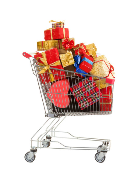 Shopping Trolley with Red and Gold Boxes of Gifts - Foto, afbeelding