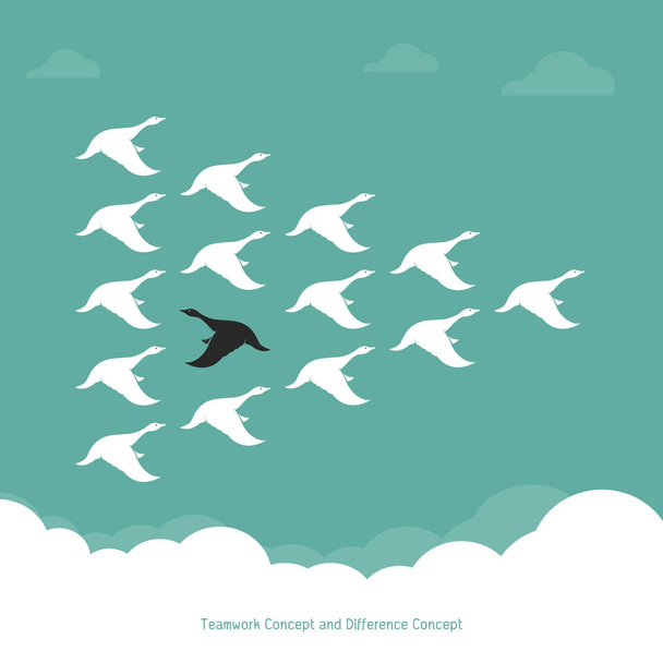 Flock egy kacsa repül az égen., csapatmunka-szemlélet és a különböz - Vektor, kép