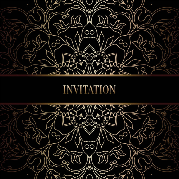 Vintage baroque Wedding Invitation template with damask background. Tradition decoration for wedding. Vector illustration in black and gold - Vector, afbeelding