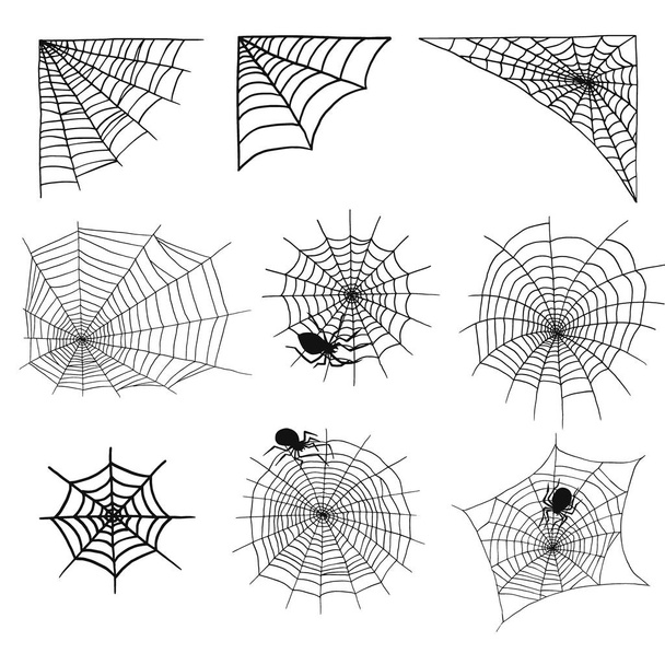 クモとクモ web シルエット不気味な自然要素ベクトル クモの巣ハロウィン恐怖幽霊ネット. - ベクター画像
