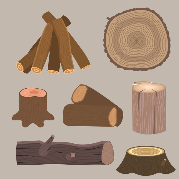 Stacked wood pine timber for construction building cut stump lumber tree bark materials vector illustration. - Vector, Image