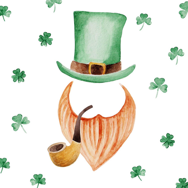 Watercolor Saint Patrick's Day illustration with green hat, red beard, smoking pipe. For design, print or background - Photo, Image