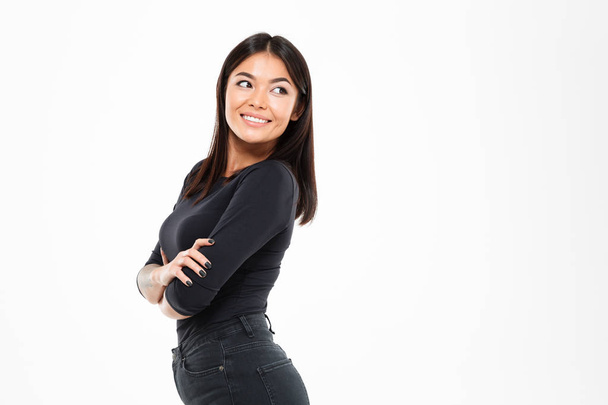 Close-up portrait of elegant smiling asian woman standing with c - Fotografie, Obrázek