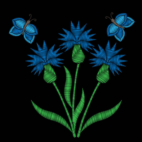 Bouquet with corn flower and butterfly embroidery stitches imita - Vector, Image