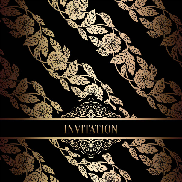 Vintage baroque Wedding Invitation template with damask background. Tradition decoration for wedding. Vector illustration in black and gold - Vektor, Bild