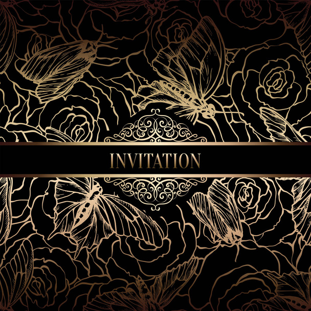 Vintage baroque Wedding Invitation template with butterfly background. Traditional decoration for wedding. Vector illustration in black and gold - Вектор,изображение