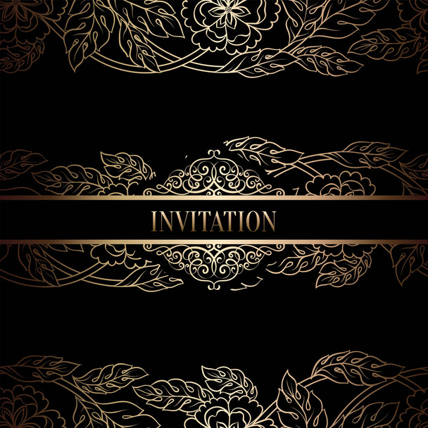 Vintage baroque Wedding Invitation template with damask background. Tradition decoration for wedding. Vector illustration in black and gold - Vetor, Imagem