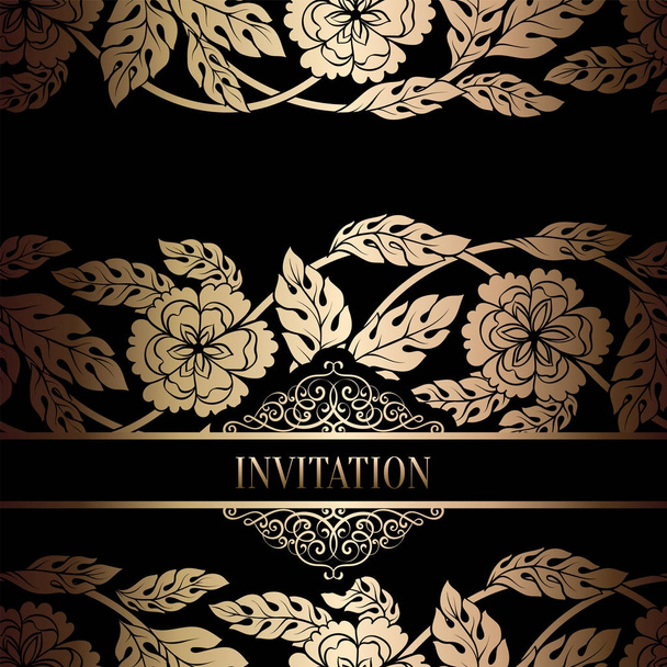 Vintage baroque Wedding Invitation template with damask background. Tradition decoration for wedding. Vector illustration in black and gold - Vector, imagen