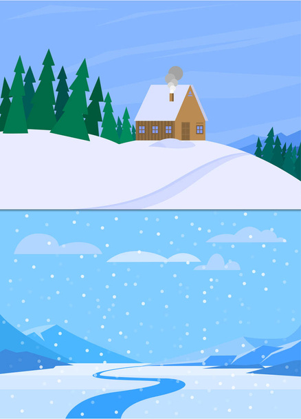 Winter landscape with christmas tree mountain frozen nature wallpaper beautiful natural vector illustration. - Vector, imagen