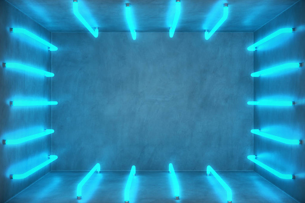 3D απεικόνιση αφηρημένο μπλε εσωτερικό δωματίου με λαμπτήρες νέον μπλε. Φουτουριστική αρχιτεκτονική φόντο. Κουτί με τσιμεντένιο τοιχίο. Μακέτα για το έργο του σχεδιασμού σας, - Φωτογραφία, εικόνα