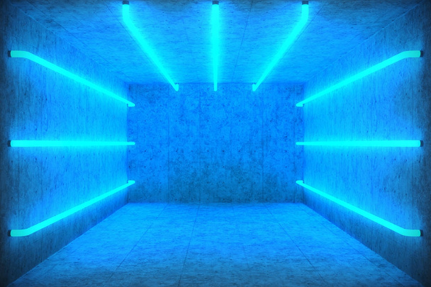Illustration 3D Intérieur abstrait de la chambre bleue avec des lampes au néon bleues. Fond architectural futuriste. Boîte avec mur en béton. Maquette pour votre projet de conception
, - Photo, image
