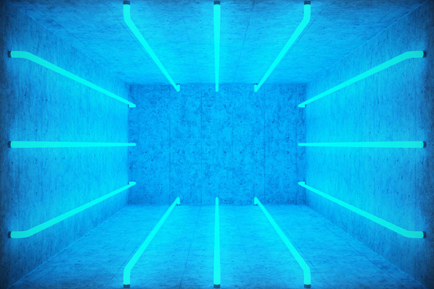 Illustrazione 3D Astratto interno della stanza blu con lampade al neon blu. Sfondo di architettura futuristica. Scatola con muro di cemento. Mock-up per il vostro progetto di design
, - Foto, immagini
