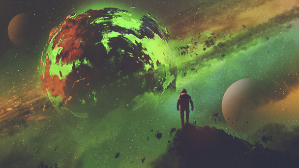 science-fi koncepcja astronauty stojącej na ogromnej skale patrzącej na kwaśną planetę, cyfrowy styl sztuki, malarstwo ilustracyjne - Zdjęcie, obraz