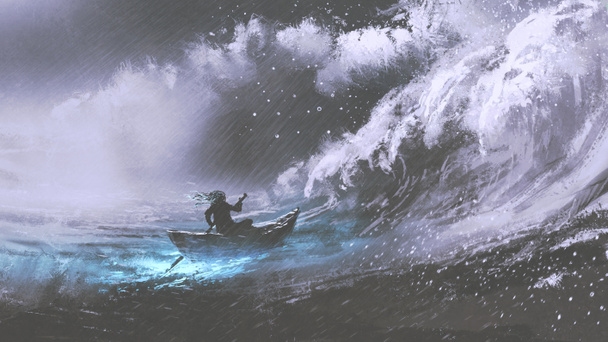 homme ramant un bateau magique dans la mer orageuse avec des vagues voyous, style d'art numérique, illustration peinture
 - Photo, image