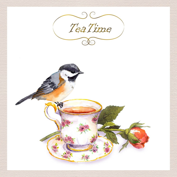 Vintage teatime card with cute watercolour bird, tea cup, rose flower - Fotografie, Obrázek