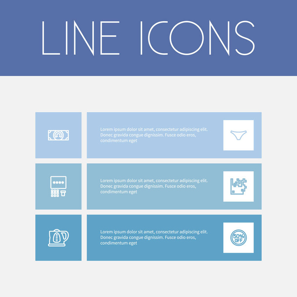 Set of 6 Editable Shopping Outline Icons. Включает в себя такие символы, как банкомат, трусики, валюта и многое другое. Can be used for Web, Mobile, UI and Infographic Design
. - Вектор,изображение