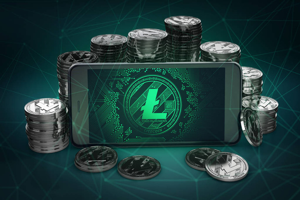 Litecoin символ на екрані серед купи Litecoin монет. 3D-рендерінг - Фото, зображення