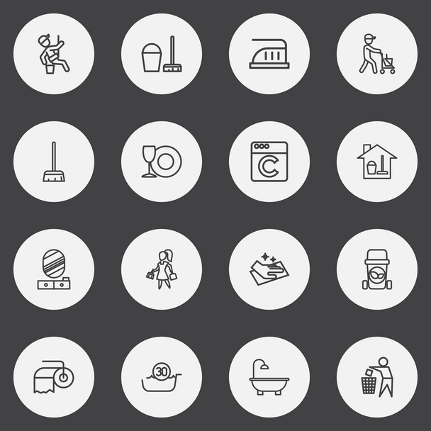 Conjunto de 16 iconos de contorno de limpieza editables. Incluye símbolos como lavandería, platos, limpiador de ventanas y más. Puede ser utilizado para el diseño de la tela, móvil, interfaz de usuario e infografía
. - Vector, Imagen
