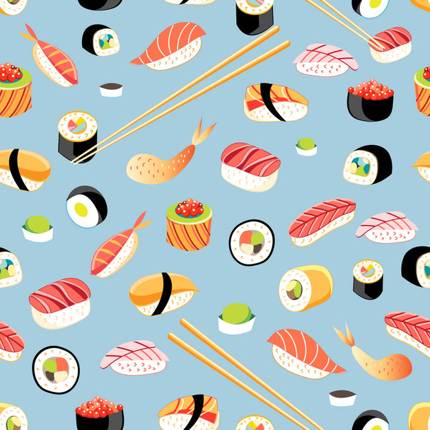 Seamless bright pattern with different sushi  - Vettoriali, immagini