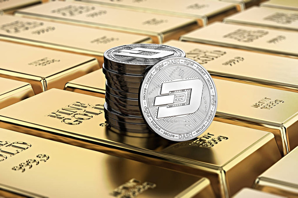 Dash munten opleggen van gestapelde gold bars (gouden blokken) gerenderd met ondiepe scherptediepte. Concept van zeer wenselijk cryptocurrency. 3D-rendering - Foto, afbeelding
