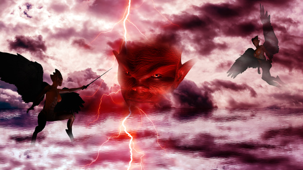 Дьявол с демонами в аду. Отражение небесных облаков у моря
 - Фото, изображение