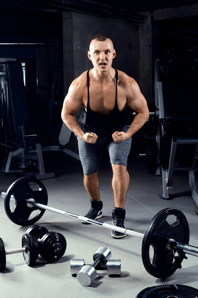 Homme bodybuilder fort avec abdos parfaits, épaules, biceps, tric
 - Photo, image