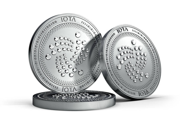 3 IOTA moedas conceito físico isolado em fundo branco. Renderização 3D. Novo dinheiro virtual
 - Foto, Imagem