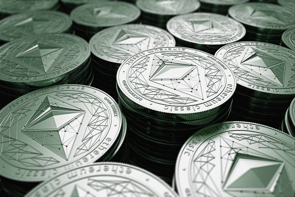 Ethereum classic (ETC) coins in blurry closeup. New cryptocurrency and modern banking concept. 3D rendering. - Foto, Imagem