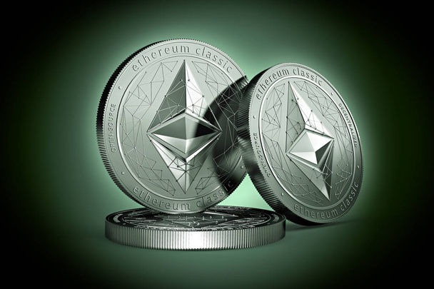 3 Монеты физической концепции Ethereum classic (ETC) на мягко подсвеченном зеленом фоне. 3D рендеринг. Новые виртуальные деньги
 - Фото, изображение